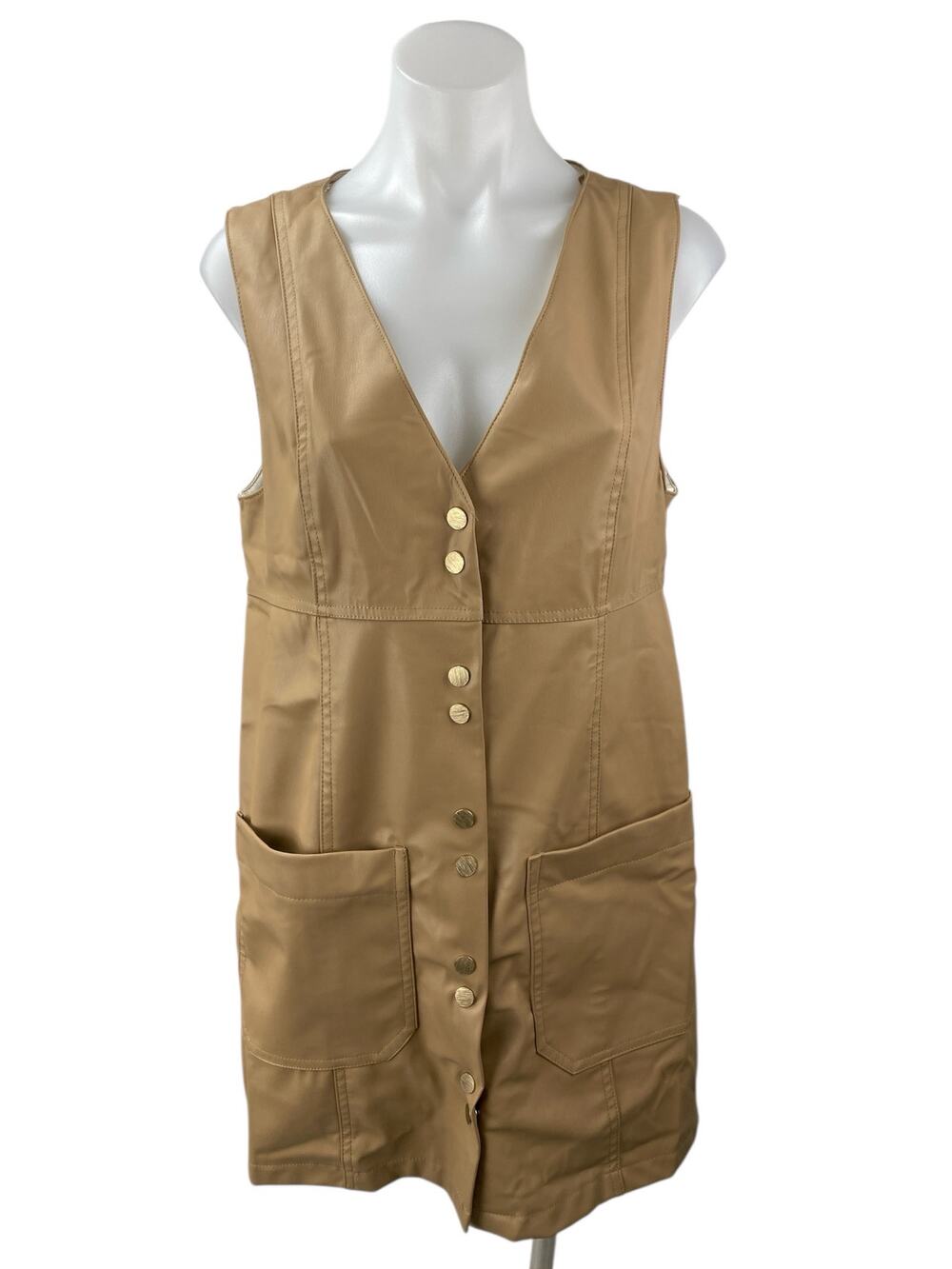 NEW Zara Beige Tan Faux Vegan Leather Sleeveless Button Down Mini Shift Dress M